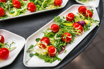 Plates with vegetable mix, food snacks on an event party, wedding, birthday or dinner