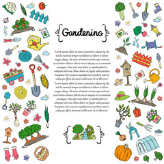 Cover with hand drawn colored symbols of gardening. Vector background for use in design