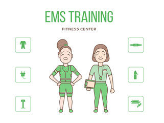 Ems training web banner or flyer with icons in flat style. Electric muscular stimulating fitness vector illustration