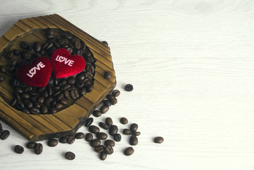 heart with saucer and coffee beans