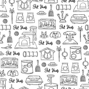 Vector seamless pattern with hand drawn isolated goods for pet shop on white color. Background for use in design