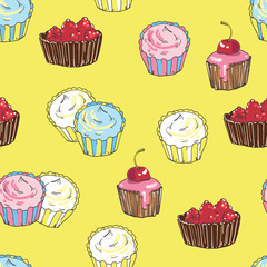 Seamless pattern of sweets on a yellow background