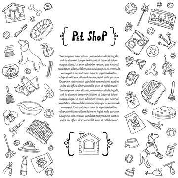 Сover with hand drawn isolated goods for pet shop. Vector background for use in design