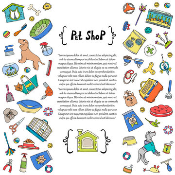 Сover with hand drawn colored goods for pet shop. Vector background for use in design