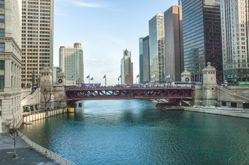 Fototapeta na wymiar Chicago River Looking West through the city onto the State Street Bridge