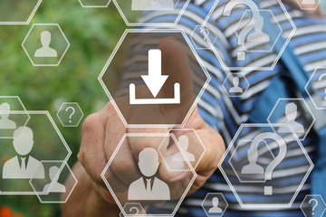 Farmer businessman pushes a button web download the on the touch screen in the web network. Receiving and transmitting data and files .Tanned hands, male hands of an elderly person.