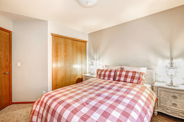Lovely bedroom interior with red checked bed