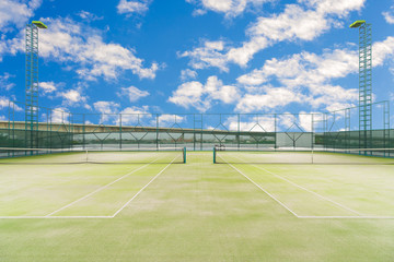 Roof top tennis court and net.