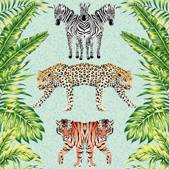 Obraz premium zebra panther tiger mirror green leaves blue background pattern