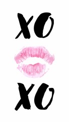 Pink lipstick print with xo hand lettering, on white background. Vector illustration. Can be used for Valentine's Day design.