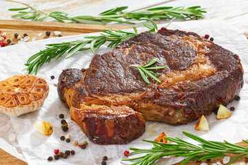 hot beef ribeye meat juicy steak, close-up