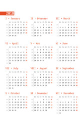 Calendar for 2018 year with week numbers on white background. Vector design print template. Week starts Monday. Stationery design