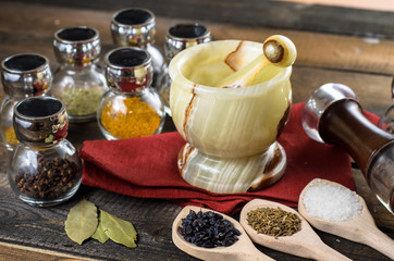 spices in spoons and Jar with mortar on wodeen background