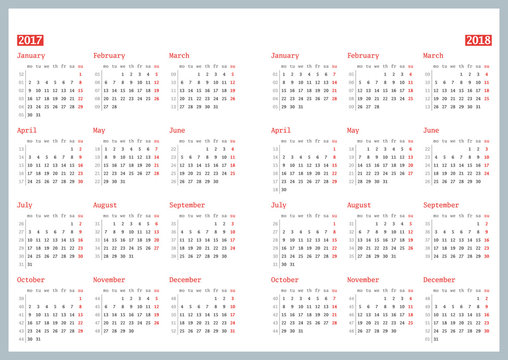 Calendar for 2017 and 2018 year on white background. Vector design print template. Week starts Monday. Stationery design