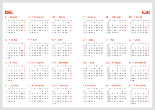Calendar for 2018 and 2019 year on white background. Vector design print template. Week starts Monday. Stationery design