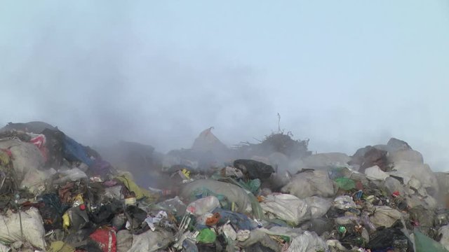 Burning Garbage Dump, Pollution,Mountain Of Garbage Waste Plastic Bottles Packages Of Rotting Food