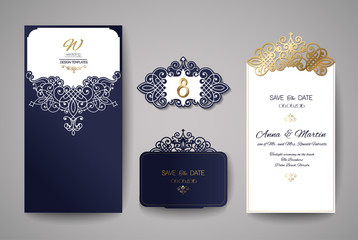 Wedding invitation or greeting card with gold floral ornament. Wedding invitation envelope for laser cutting. Vector illustration. - 134133156