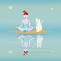 Funny vector drawing little girl and her white cat on river bank, yoga exercise lotus pose on the beach, nature and lifestyle, abstract illustration of sports, cartoon funny baby and pet, pattern. - 134133977