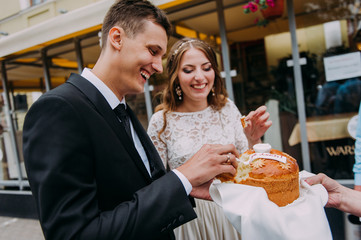 Russian wedding bread with salt. Russian wedding ceremony