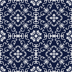 Seamless Blue Japanese Background Round Spiral Frame Flower