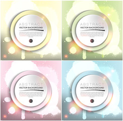 Abstract vector backgrounds set of 4. Round paper notes on the white hand-drawn , spray paint design with realistic shine and shadow on the light background. Vector illustration. Eps10.