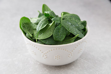 Washed fresh mini spinach in a plate on an stone background