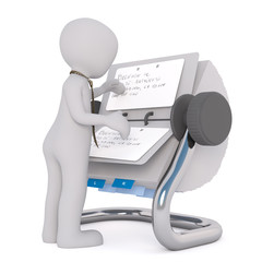 3D man reading notes in rolodex