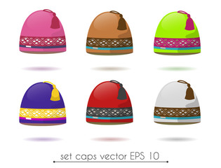 Vector winter unisex ski colorful knitted cap hat set isolated