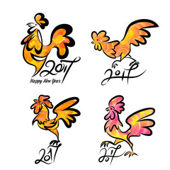 Set cute hand drawn cartoon characters of rooster, symbol of new year 2017. Vector illustration.