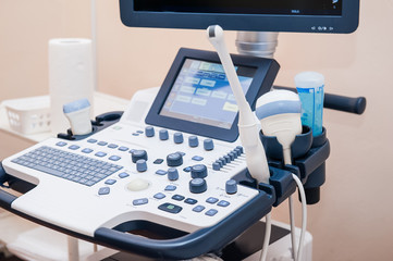 Medical equipment background, close-up ultrasound machine. Selective focus