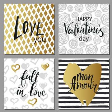 Valentines day set cards. Calligraphy, lettering and golden hand drawn design elements