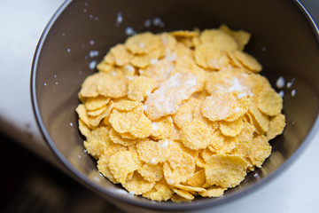 Bowl with Cornflakes and Milk. Healthy Breakfast.