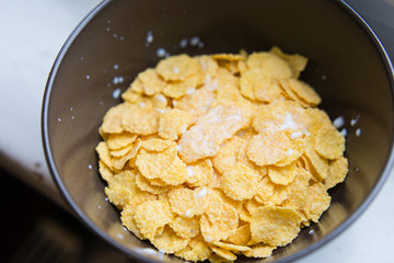 Bowl with Cornflakes and Milk. Healthy Breakfast.