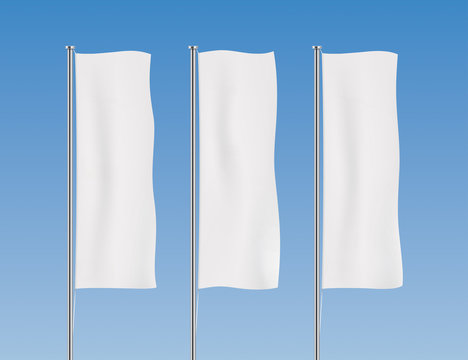 White banner flag vector templates. Row of vertical flags on a blue sky background. Advertising flags realistic mockup.