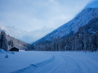 cross-country skiing in winter, Spielmannsau valley, Oberstdorf, Allgau, Germany