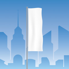 Vertical banner flag, waving on a city background. Vector flag template. White flag mockup.