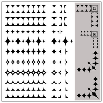 Diamond frieze modular. A vector design set of horizontally seamless borders and their elements, with examples of the simple corners.
