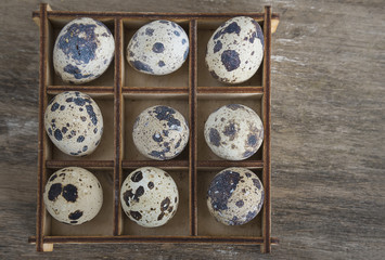 Fototapeta premium easter composition/box with quail eggs on old wooden background