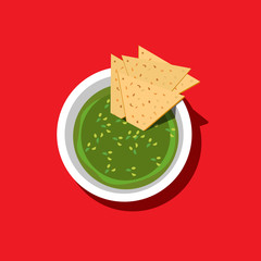 Food icon concept. Mexican cuisine guacamole sauce, nachos. Freehand drawn bright color cartoon style. Traditional hot chili Latin America meal. Vector template cooking sign project banner background