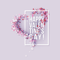 Valentines Day card with pink flowers heart shaped with text. Vector illustration