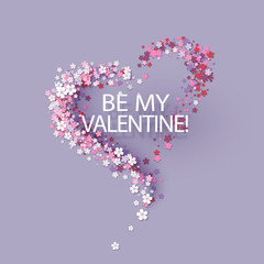 Valentines Day card with pink flowers heart shaped with text. Vector illustration