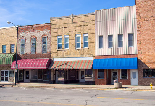 Small town main street business commercial storefront buildings in USA midwest 
