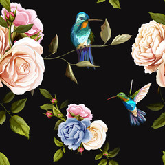 Humming bird, roses with leaves on black. Watercolor. Seamless background pattern. Vector - stock. © iMacron