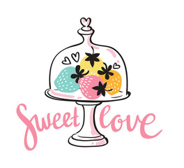 Vector colorful strawberry desert card with stylish lettering - sweet love. Poster with hand drawn strawberries. Natural card with garden fruits.
