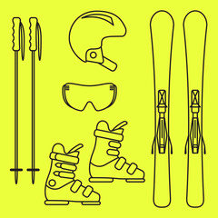 Ski gear vector line icon set.