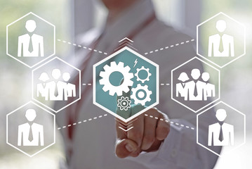 Business, finance, technology and internet concept - businesswoman pressing a gear button on virtual screens. Mechanism on a touch screen interface. Gearwheel and business.