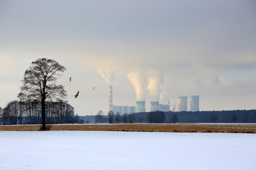 Elektrownia węglowa Opole, w krajobrazie zimowym.
