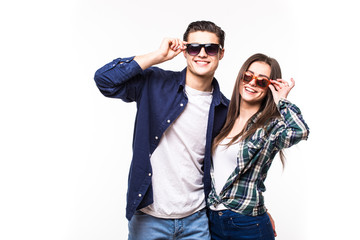 Beauty smile couple in sunglasses on white background