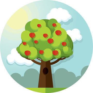 Round vector picture tree apples apple  among the clouds and sun on blue sky