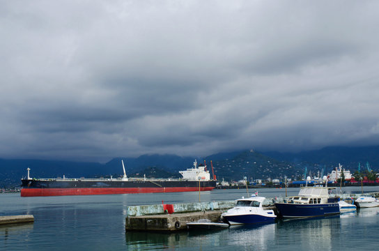 Motor boats and cargo ships at Batumi sea port,Georgia